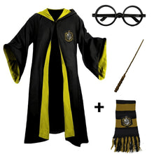 Carregar imagem no visualizador da galeria, Fantasia Harry Potter Lufa-Lufa – Capa Hogwarts com Varinha, Cachecol e Óculos